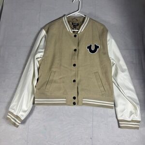 NWT True Religion Womens True Varsity Jacket Beige White Minimal Streetwear XL